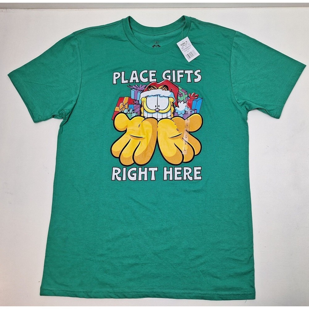 NWT! Garfield Men's Green Christmas T-Shirt Santa Hat Place Gifts Right Here - L